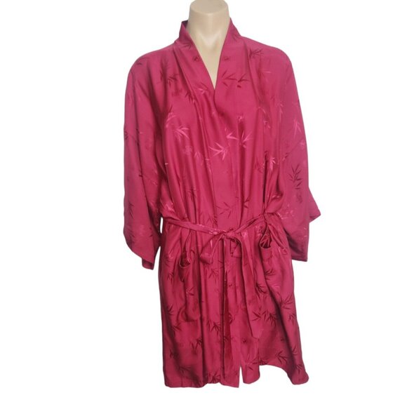 Vintage Jade Lantern Burgundy Silk Short Leaves Leaf Print Robe Size Large - Picture 8 of 10